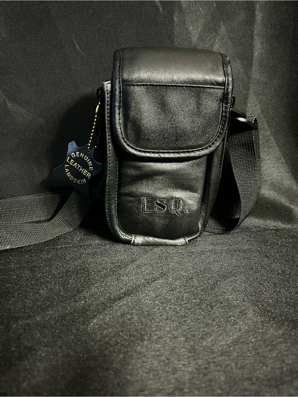 ESQ Genuine Black Leather Padded Crossbody Camera Phone Electronics Pouch